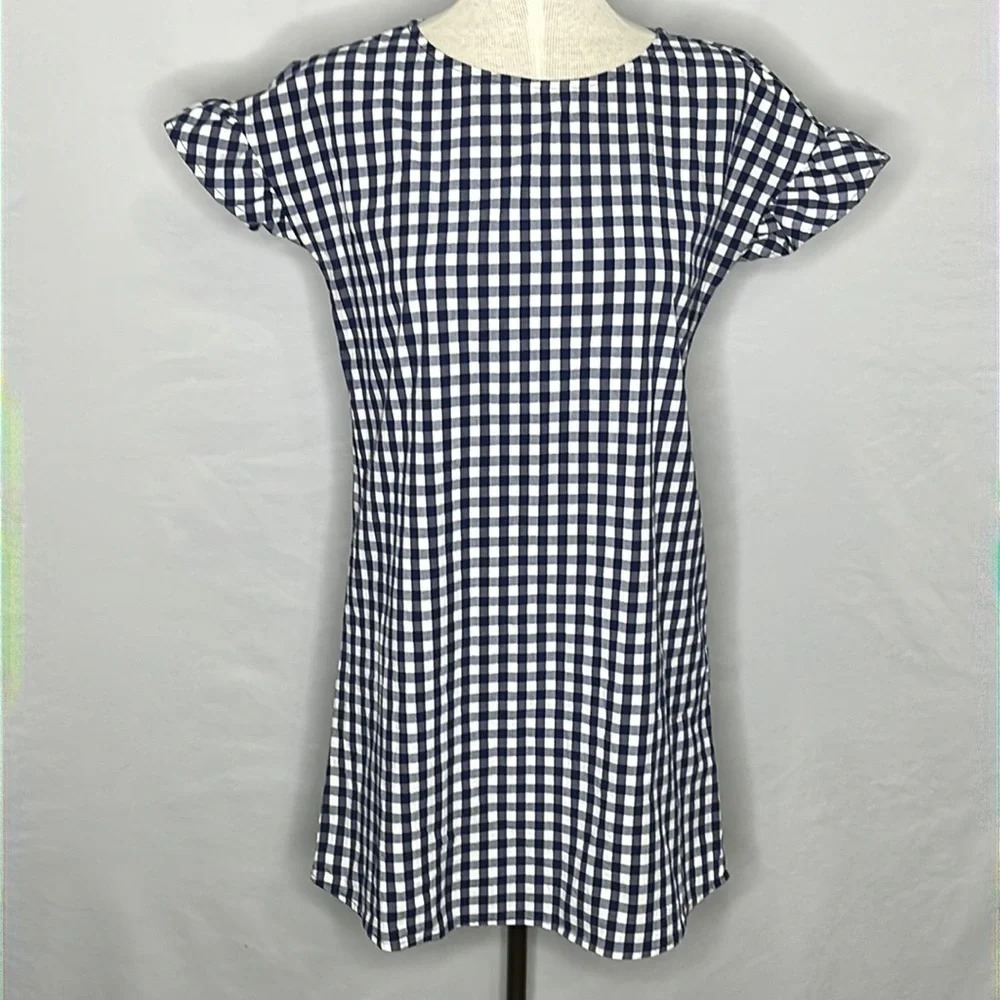 Tabitha Webb Navy & White Gingham Flutter Sleeve Popover Mini Dress - Size 2